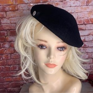 Vintage 50s Black Wool Button Embellished Beret